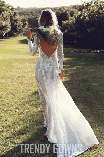 Sheath Column Lace Long Sleeve Beach Bridal Gown TWA4872