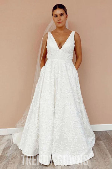 Trendy A Line V Neckline Floral Lace Illusion Wedding Gown TWA4892