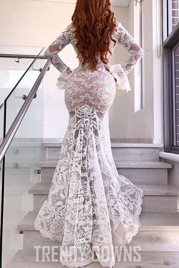 Mermaid V-neck Long Sleeve Sexy Lace Wedding Gown TWA4912