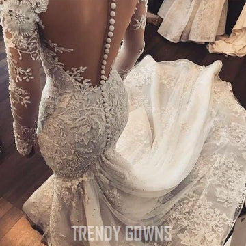 Trendy Mermaid Ivory Lace Long Sleeve Wedding Gown TWA4952