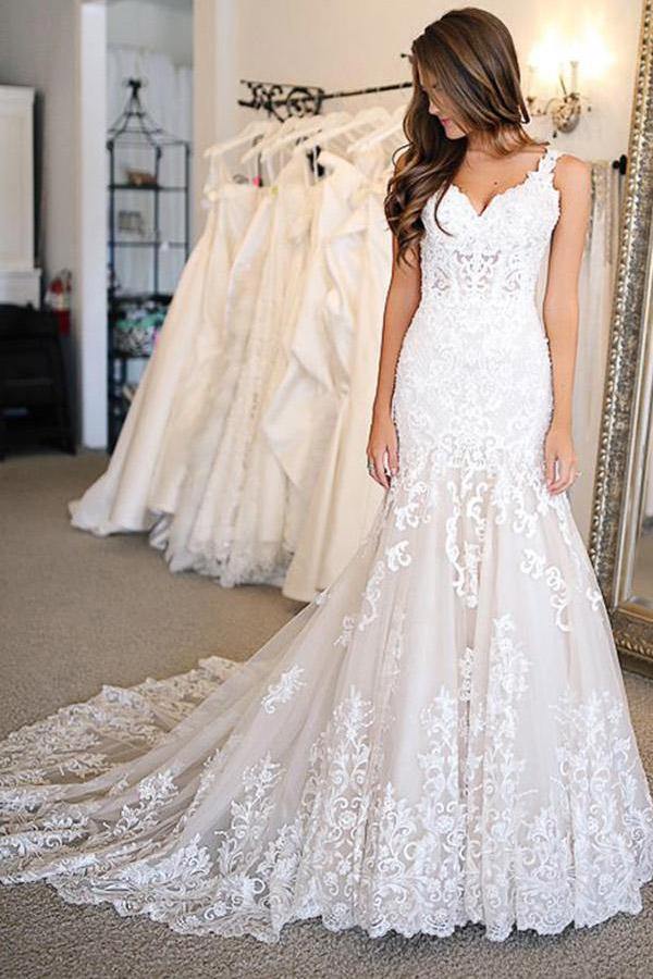 Trendy V Neck Mermaid Lace Sweep Train Bridal Gown TWA5052