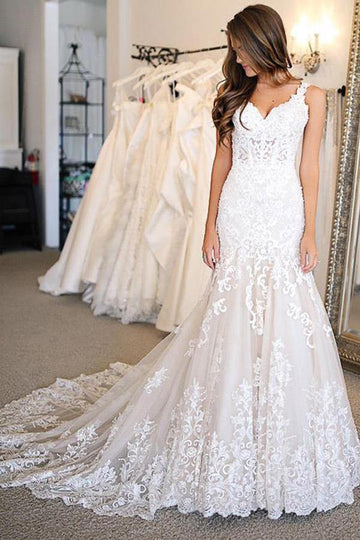 Trendy V Neck Mermaid Lace Sweep Train Bridal Gown TWA5052