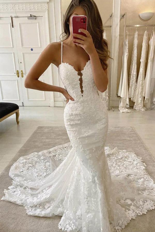 Trendy Spaghetti Straps Deep V Neck Mermaid Wedding Gown TWA5132