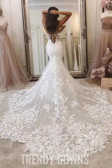 Trendy Spaghetti Straps Deep V Neck Mermaid Wedding Gown TWA5132