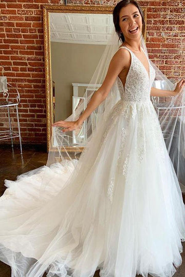 Trendy A-line V Neck Open Back Tulle Appliques Wedding Gown TWA5142