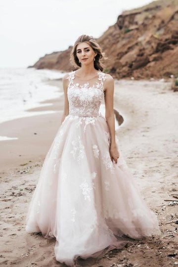 Trendy Beach Lace Scoop A Line Tulle Wedding Gowns TWA5312