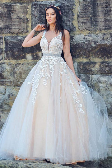 Trendy A-Line Lace Applique Tulle V-neck Wedding Gowns TWA5372