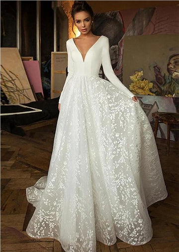 Trendy A Line Long Sleeves V Neck After Party Bridal Gown TWA5512