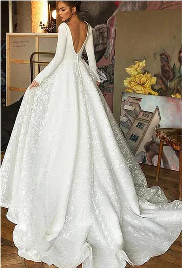 Trendy A Line Long Sleeves V Neck After Party Bridal Gown TWA5512