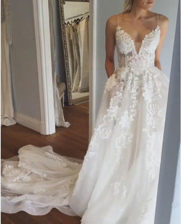 Deep V neck Spaghetti Straps Lace Beach Wedding Gown TWA5562