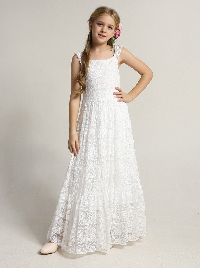 Kids White Straps Lace Long Boho Party Dress TXD017