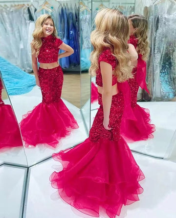 Two Pieces Cap Sleeves High Neck Mermaid Sequins Organza Girl Pageant Dress Little Kids Birthday Party Gowns TXD019