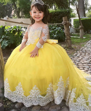 Yellow Long Sleeve Lace Girl Pageant Dress Little Kids Birthday Party Gowns TXD022