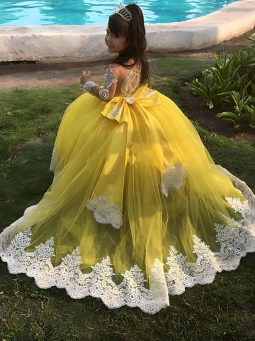 Yellow Long Sleeve Lace Girl Pageant Dress Little Kids Birthday Party Gowns TXD022