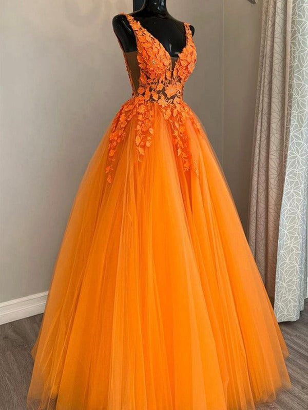 Trendy V Neck Orange Lace Princess Prom Gown SREAL049