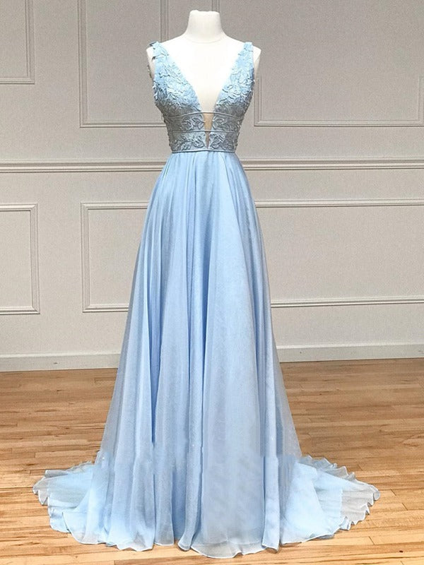 Trendy A-line Light Blue V Lace Formal Graduation Dress SREAL054