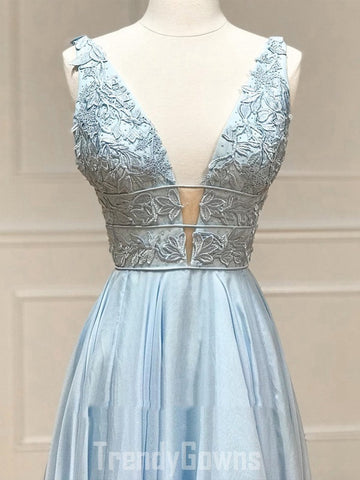 Trendy A-line Light Blue V Lace Formal Graduation Dress SREAL054