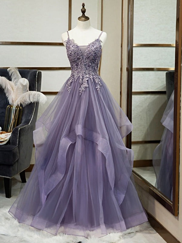 Trendy Princess Dusty Purple Straps Lace Prom Gown SREAL056