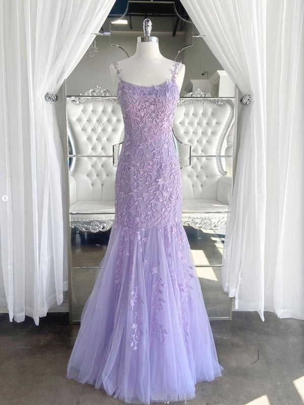 Trendy Purple Mermaid Straps Lace Long Prom Gown SREAL057