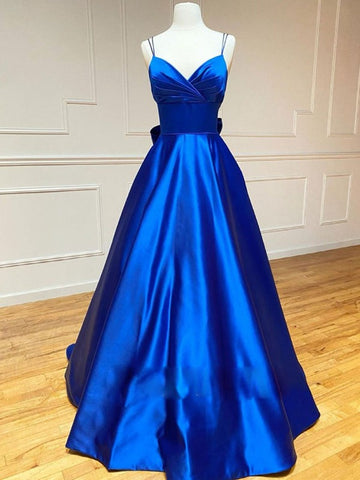 Trendy Princess Straps Royal Blue Satin Prom Gown SREAL059