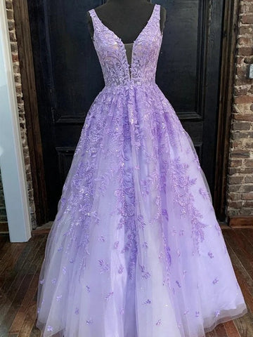 Trendy Princess V Neck Purple Lace Prom Gown SREAL067