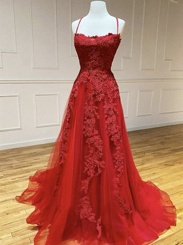 Trendy Princess Straps Burgundy Lace Prom Gown SREAL068