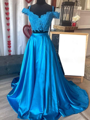 Trendy Off the Shoulder Junior 2 Pieces Blue Lace Prom Gown SREAL074