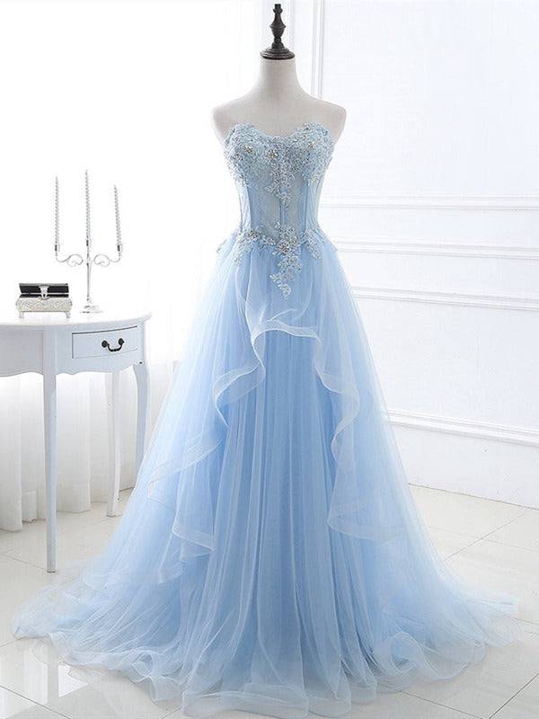 Trendy Princess Sweetheart Blue Lace Prom Gown SREAL075