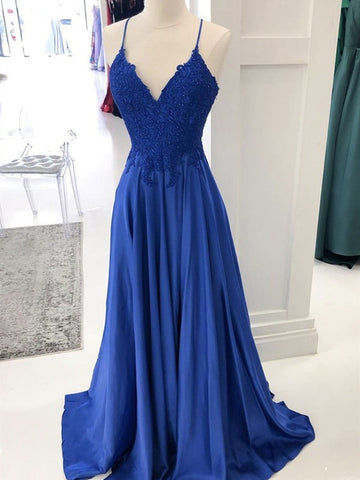 Trendy A-line V Neck Royal Blue Lace Prom Gown SREAL079