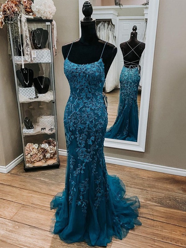 Trendy Ink Blue Straps Mermaid Lace Prom Gown SREAL081