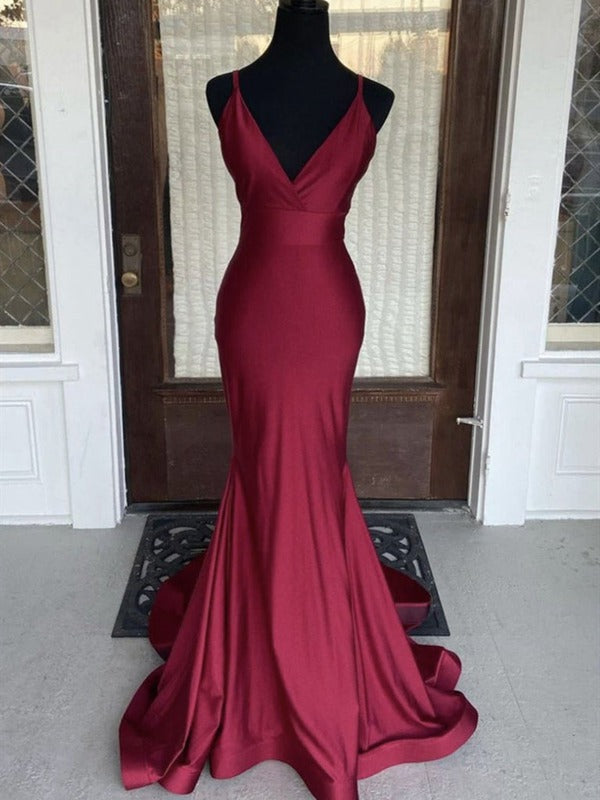 Trendy V Neck Burgundy Mermaid Prom Gown SREAL083