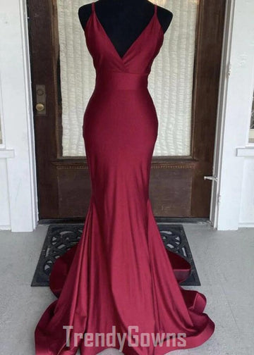 Trendy V Neck Burgundy Mermaid Prom Gown SREAL083