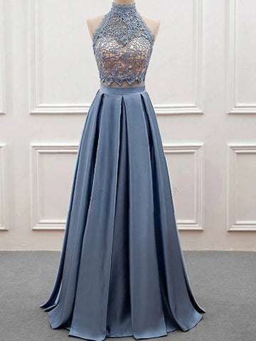 Trendy 2 Pieces High Neck Dusty Blue Lace Prom Gown SREAL087