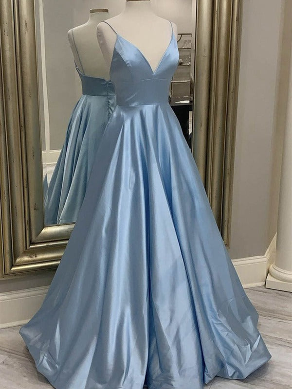 Trendy Blue A-line V Neck Straps Satin Junior Prom Gown SREAL091