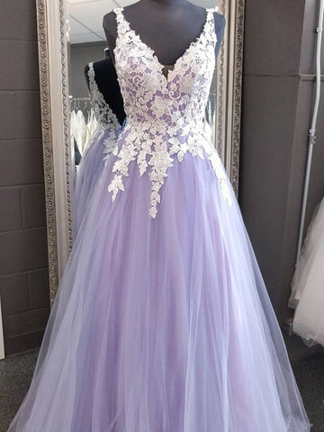 Trendy Junior V Neck Purple Blue Lace Prom Gown SREAL092