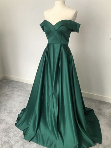 Trendy Off the Shoulder Junior Dark Green Satin Prom Gown SREAL097