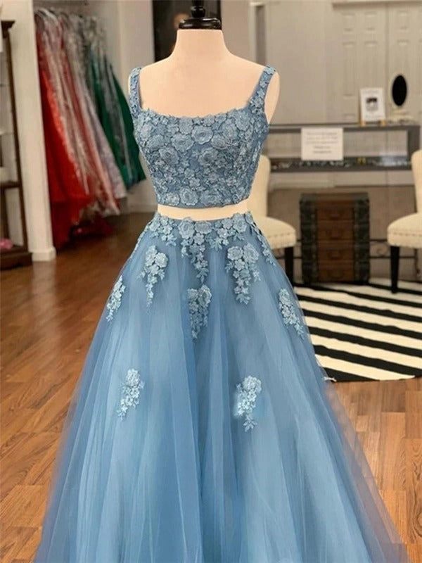 Trendy Two Pieces Blue Lace Junior Prom Gown SREAL098