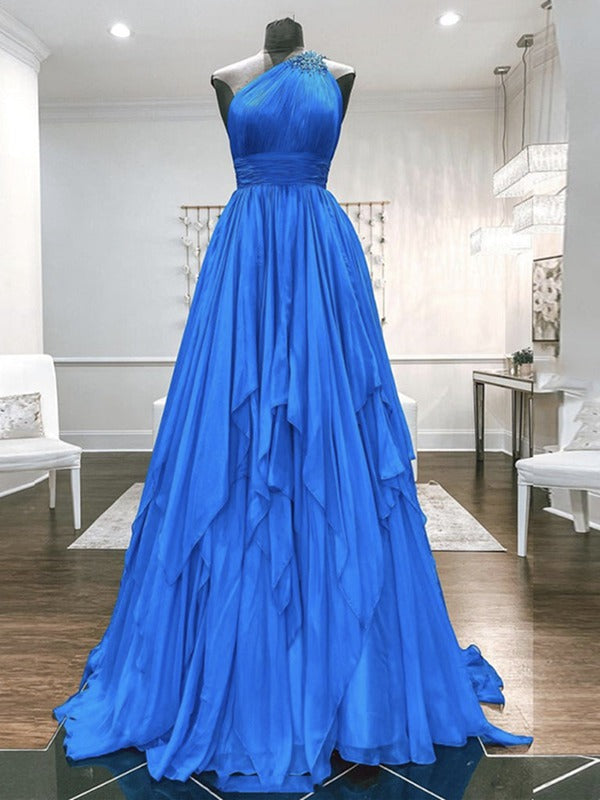 Trendy A-line One Shoulder Blue Prom Gown SREAL100