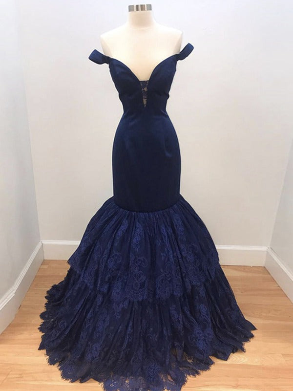 Trendy Navy Blue Mermaid Lace Formal Prom Gown SREAL103