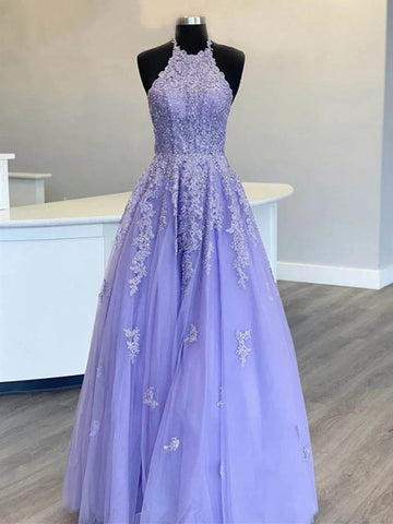 Trendy Halter Neck Purple Junior Long Lace Prom Gown SREAL110