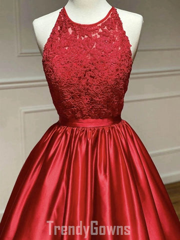 Trendy A-line Halter Red Lace Long Prom Gown SREAL111