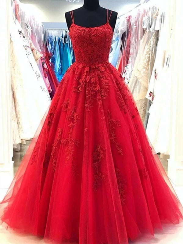 Trendy Princess Straps Red Lace Prom Gown SREAL112