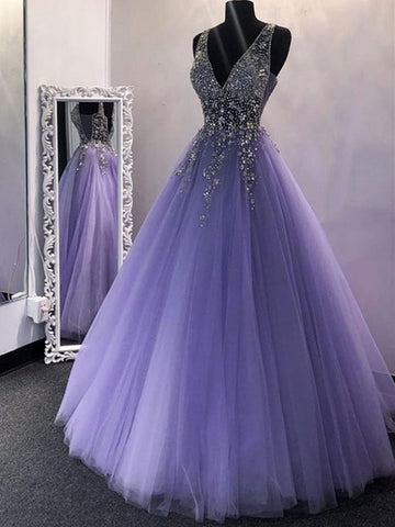 Trendy Princess Junior Purple Beaded Long Prom Gown SREAL118