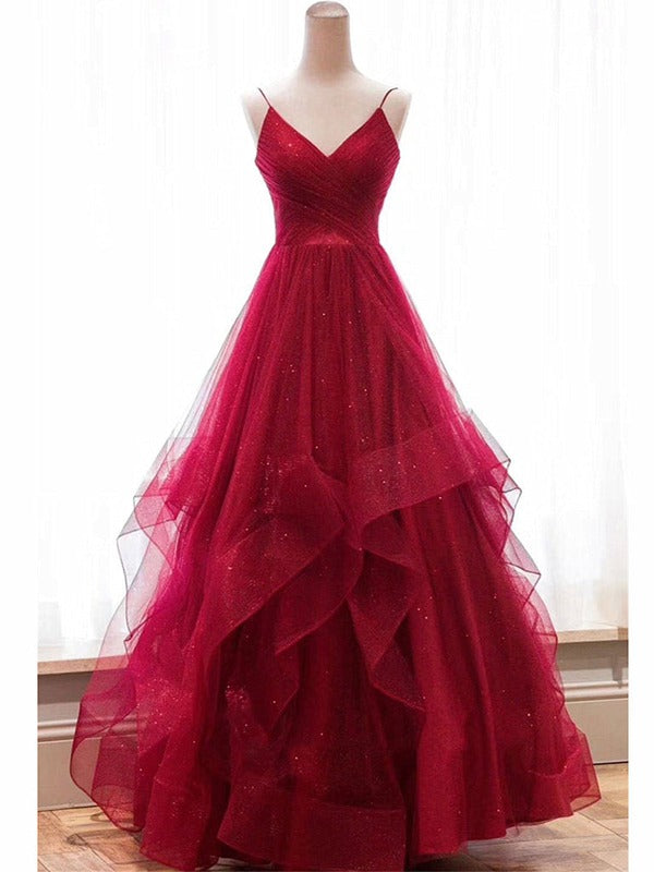 Trendy Princess Straps V Neck Burgundy Prom Gown SREAL130