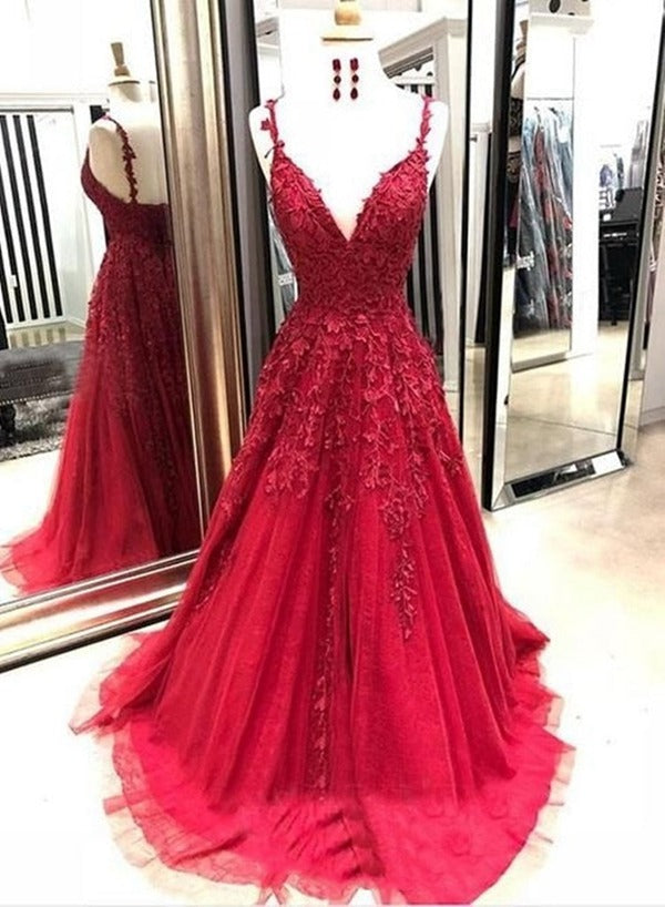 Trendy Princess Junior Straps V Neck Burgundy Lace Prom Gown SREAL135