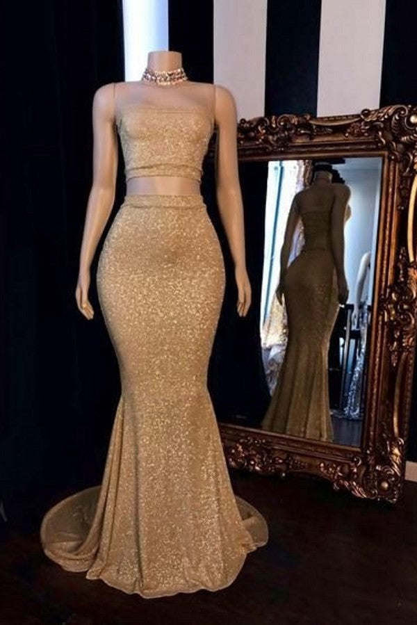 Trendy Champagne Sequins Two Piece Long Mermaid Prom Gown SREAL140