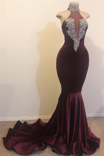 Trendy Dark Burgundy Mermaid High Neck Silver Beads Prom Gowns SREAL143