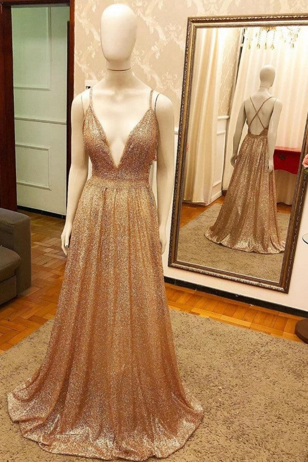 Trendy A-line Plugging V neck Golden Sparkle Prom Party Gowns SREAL145