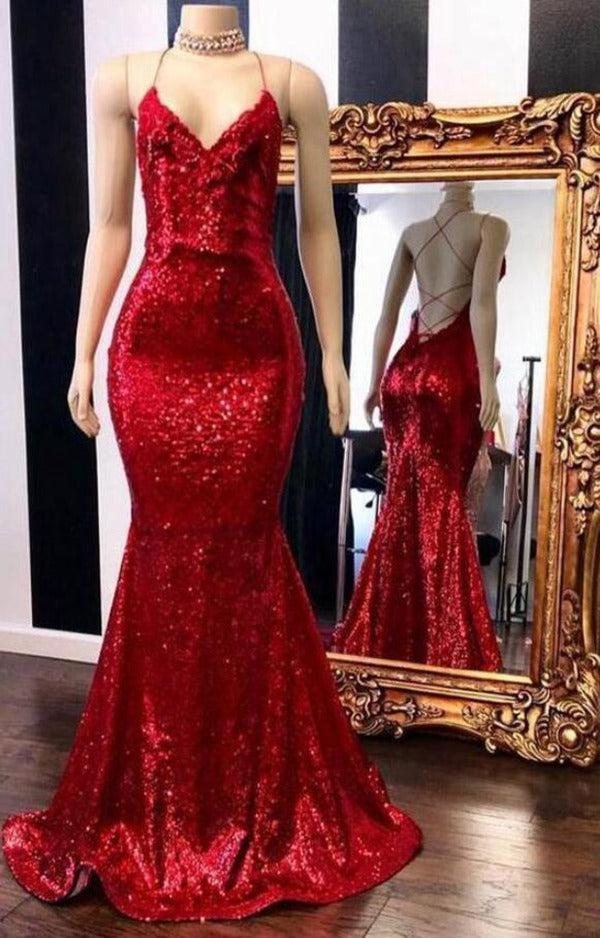 Trendy Red V neck Straps Sequins Mermaid Long Prom Gown SREAL146