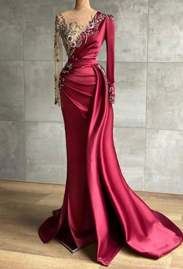 Trendy Burgundy Long Sleeves Mermaid Prom Gown SREAL151